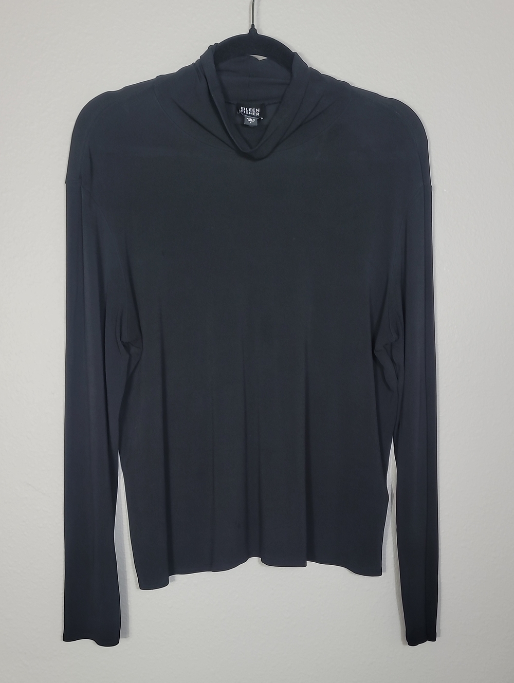 Eileen Fisher 100% Silk Mock Neck Top Size Large Black Long Sleeve
